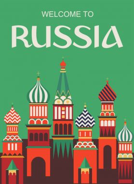 Rusya hoş geldiniz. Rus geleneksel halk sanatı. Poster. Düz tasarım vektör çizim.