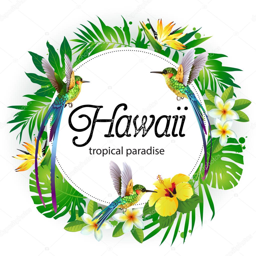 Green summer tropical background with exotic palm leaves and hibiscus flowers. Vector floral background.