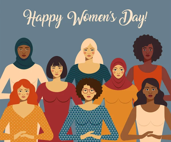 Rostros Femeninos Diferentes Etnias Letras Feliz Día Mujer — Vector de stock