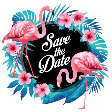 Mavi yaz tropikal palmiye egzotik flamingo ve hibiscus çiçek bırakır. Vektör çiçek arka plan.
