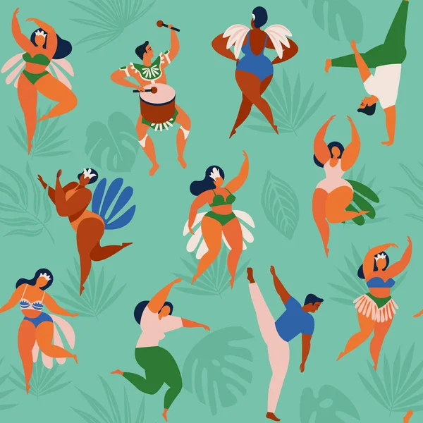 Brazil carnival. Vector seamless pattern with flat characters. Brazilian samba dancers of the carnival in Rio de Janeiro. Girls and boys in festive suits. Vector Illustration. — Stock Vector