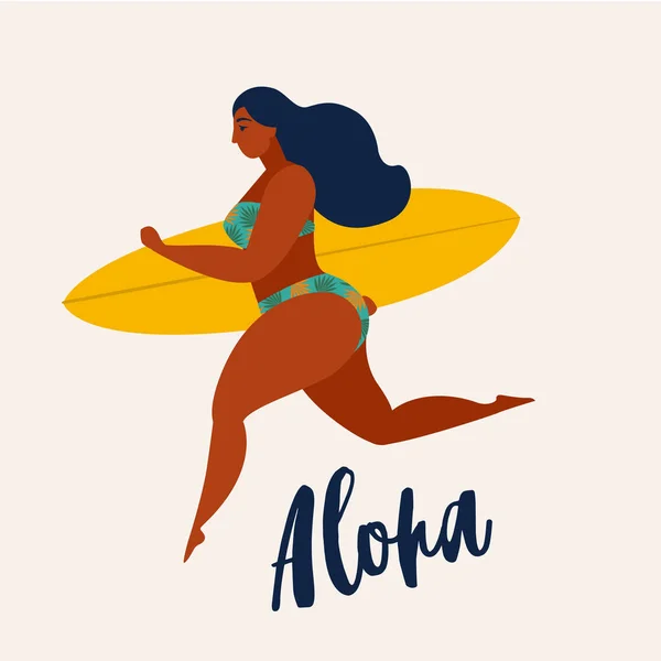 Cartaz de Aloha com uma surfista com prancha a correr para o oceano. Praia e design de surfings para cartaz, t-shirt ou cartões. Ilustração do Verão . — Vetor de Stock