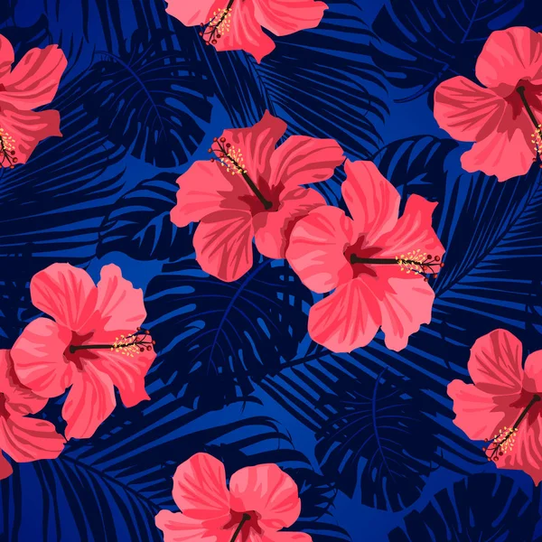 Fleurs Tropicales Motif Feuilles Palmier Sur Fond Bleu — Image vectorielle