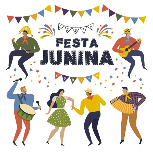 Lettrage Festa Junina Brésil Juin Affiche Festival Avec Des Danseurs — Image vectorielle