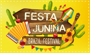 Festa Junina illüstrasyon geleneksel. Brezilya Haziran festival partisi. Vektör çizim. Latin Amerika tatil.
