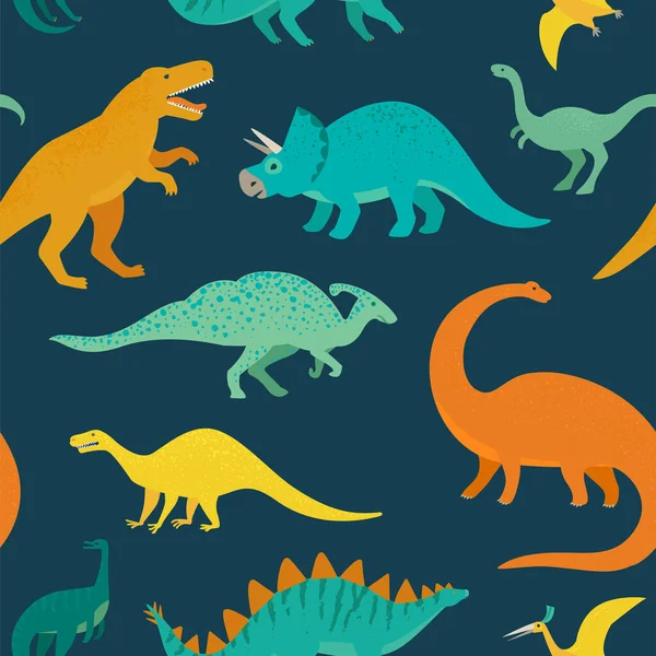 Hand dragna sömlösa mönster med dinosaurier. Perfekt för barn tyg, textil, plantskola tapeter. Söt dino design. Vektorillustration. — Stock vektor