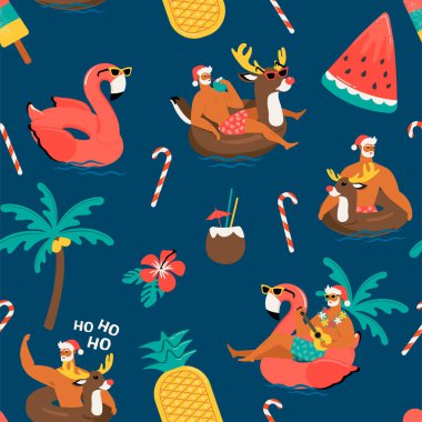 Noel desensiz şirin, komik Noel Baba hayvanlarıyla ren geyiği ve flamingo şişirilebilir yüzükle. Tropik Noel. Vektör illüstrasyonu.