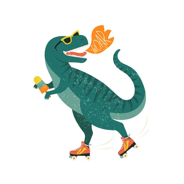 Dinosaur on roller skates with ice cream. Roar. Vector illustration. — Stock vektor