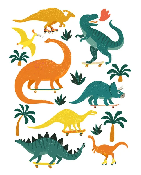 Conjunto de dinossauros, incluindo T-rex, Brontossauro, Triceratops, Velociraptor, Pteranodon, Allosaurus, etc . — Vetor de Stock