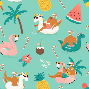 Tropik Sıcak Noel. Kusursuz desenli, tek boynuzlu dinozor yüzüklü sevimli seksi Noel Baba flamingo şişirilebilir yüzük. Vektör illüstrasyonu.
