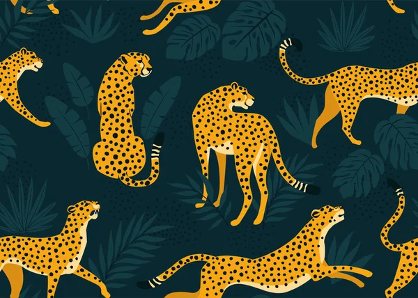 Tropik yapraklı leopar deseni. Vektör kusursuz dokusu.