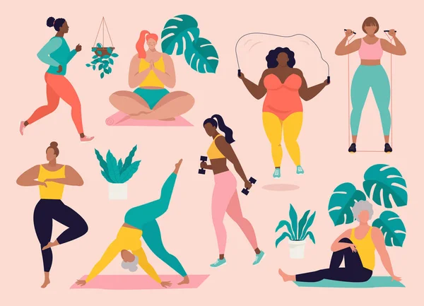 Vrouwen verschillende maten, leeftijden en rassen activiteiten. Vrouwen die sporten, yoga, joggen, springen, stretchen, fitness. Sport vrouwen vector platte illustratie geïsoleerde roze achtergrond. — Stockvector