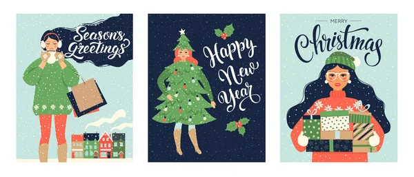 Set carte de Noël et modèles Bonne année. Style rétro tendance. Modèle de conception vectorielle . — Image vectorielle