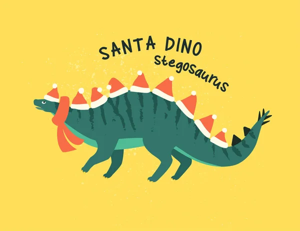 Stegosaurus déguisé en Père Noël. Illustration vectorielle de personnage drôle dans le style plat de dessin animé . — Image vectorielle