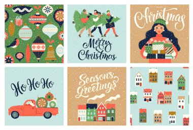 Noel ve Yeni Yıl ŞablonU Tebrik Scrapbooking, Tebrikler, Davetiyeler, Etiketler, Çıkartmalar, Kartpostallar için ayarlayın. Noel Posterleri ayarlandı. Vektör çizimi.