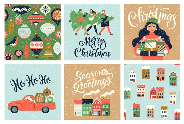 Χριστούγεννα και το νέο έτος πρότυπο σετ για χαιρετισμό λευκώματα, συγχαρητήρια, προσκλήσεις, ετικέτες, αυτοκόλλητα, καρτ ποστάλ. Χριστουγεννιάτικα πόστερ. Απεικόνιση διανυσματικών φορέων. — Διανυσματικό Αρχείο