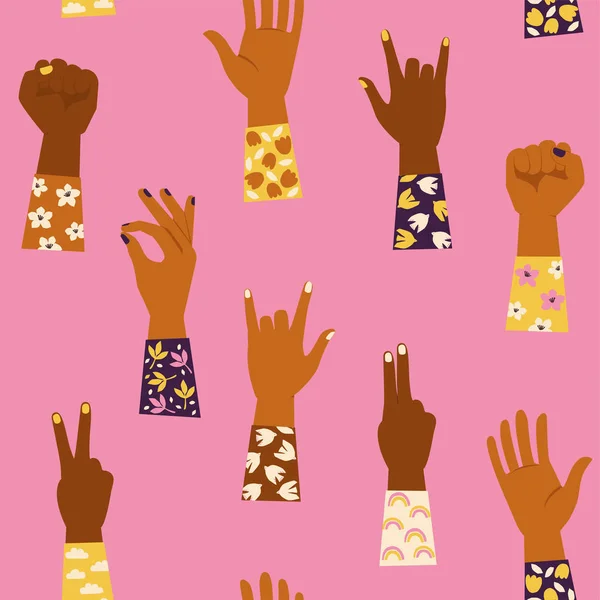 Mujeres manos con el puño levantado y con varios gestos de manos. Girl Power. Concepto feminista. Patrón sin costura . — Vector de stock