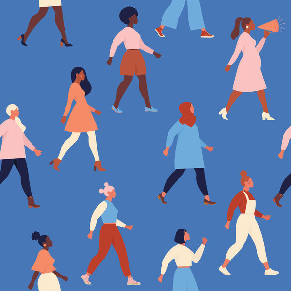 Female diverse faces of different ethnicity seamless pattern. Women empowerment movement pattern. International womens day graphic in vector.