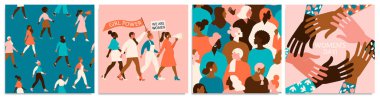Bir dizi vektör çizimi. 8 Mart, Uluslararası Kadınlar Günü. Feminizm konsept tasarımı. Kart, poster, broşür ve diğer kullanıcılar için vektör şablonları.