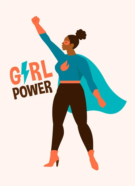 Ilustraciones vectoriales en diseño plano de una superheroína afro-americana disfrazada de cómics divertidos. concepto de poder chica . — Archivo Imágenes Vectoriales