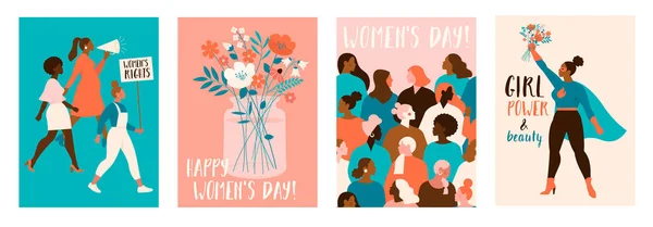 Insamling av gratulationskort eller vykort mallar med blombukett i vas, blomsterkrans, feminism aktivister och Happy Womens Day önskan. Modern festlig vektor illustration för 8 Mars firande. — Stock vektor