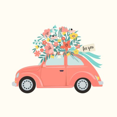Pink retro toy car delivering bouquet of flowers box on pink background. February 14 card, Valentines day. Flower delivery. 8 March, International Happy Womens Day. Vector illustration. vector