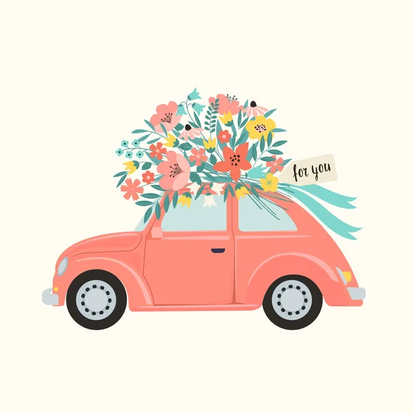 Pink retro toy car delivering bouquet of flowers box on pink background. February 14 card, Valentines day. Flower delivery. 8 March, International Happy Womens Day. Vector illustration. — Stock Vector