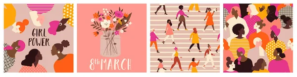 Insamling av gratulationskort eller vykort mallar med blombukett i vas, blomsterkrans, feminism aktivister och Happy Womens Day önskan. Modern festlig vektor illustration för 8 Mars firande. — Stock vektor
