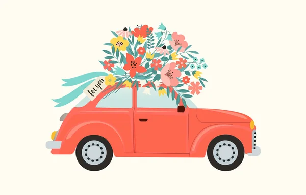 Red retro toy car delivering bouquet of flowers box on pink background. February 14 card, Valentines day. Flower delivery. 8 March, International Happy Womens Day. Vector illustration. — Stock Vector