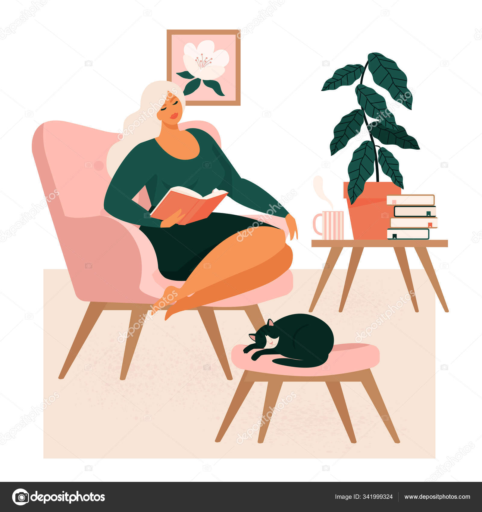 快適なアームチェアに座って北欧スタイルの家具付きの部屋でお茶や