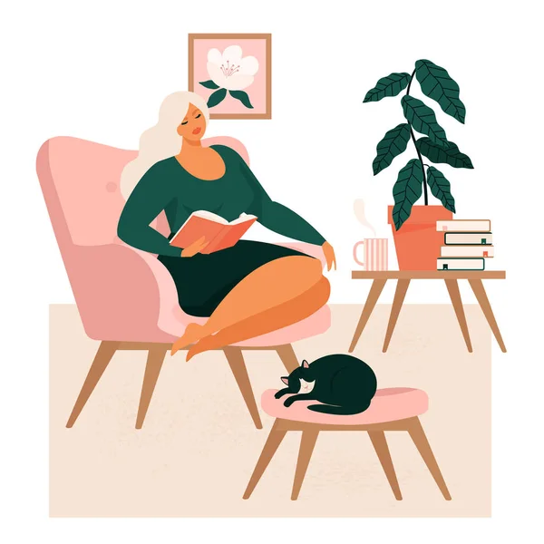 Giovane ragazza seduta in comoda poltrona e bere tè o caffè in camera arredata in stile scandinavo. Una donna che passa la serata a casa. Illustrazione vettoriale colorata in stile fumetto piatto — Vettoriale Stock