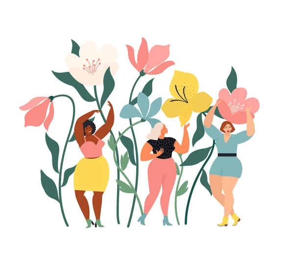 Kobiety o różnym pochodzeniu etnicznym zastanawiają się nad ogromnymi wiosennymi dzikimi kwiatami. Wiosenne wibracje. Międzynarodowy Dzień Kobiet. — Wektor stockowy