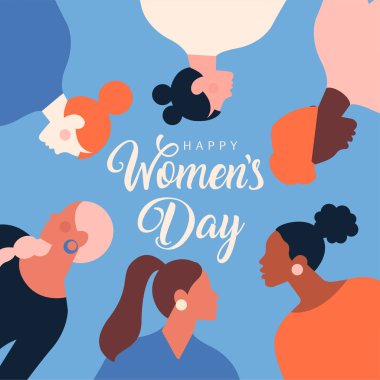 Feminizm aktivistleri ve Mutlu Kadınlar Günü dileğiyle tebrik kartı ya da kartpostal şablonları. 8 Mart kutlamaları için modern festival vektör illüstrasyonu.