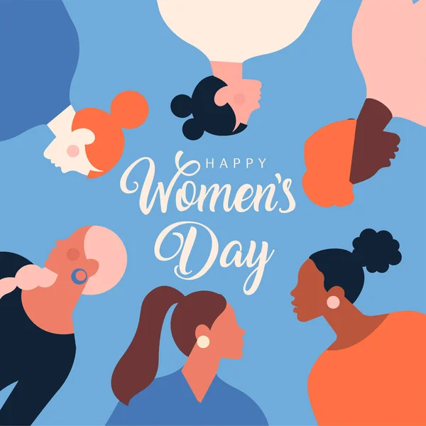 Gratulationskort eller vykort mallar med feminism aktivister och Happy Womens Day önskan. Modern festlig vektor illustration för 8 Mars firande. — Stock vektor
