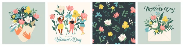 Ευτυχισμένη Ημέρα Της Γυναίκας Μαρτίου Χαριτωμένες Κάρτες Και Αφίσες Για — Διανυσματικό Αρχείο