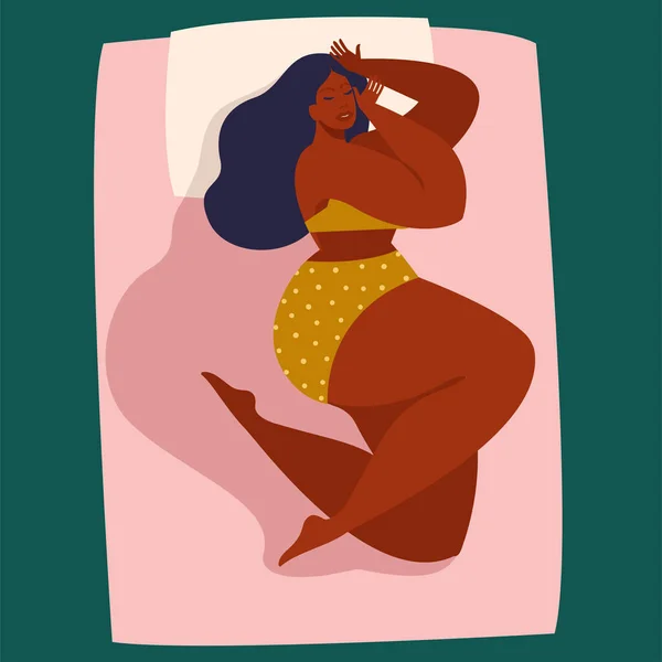 Dream in a hot summer night. Young woman sleeping in bed without a blanket. Female cartoon character lying in a comfortable pose during night slumber. Top view. Vector illustration in flat style. — Stock Vector