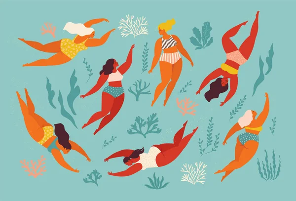 Cute dekoracyjne tło z pływania kobiet i dziewczyny w morzu lub oceanie. Ilustracja wektora. Projekt podwodnych dzieł sztuki. Pływać i nurkować w morzu. — Wektor stockowy
