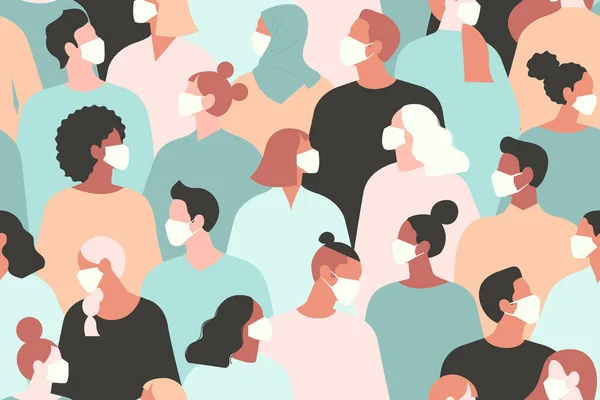 Çin 'de Coronavirus. Roman Coronavirus 2019 ncov, beyaz tıbbi maske takan insanlar. Koronavirüs karantina vektör çizimi kavramı. Kusursuz desen