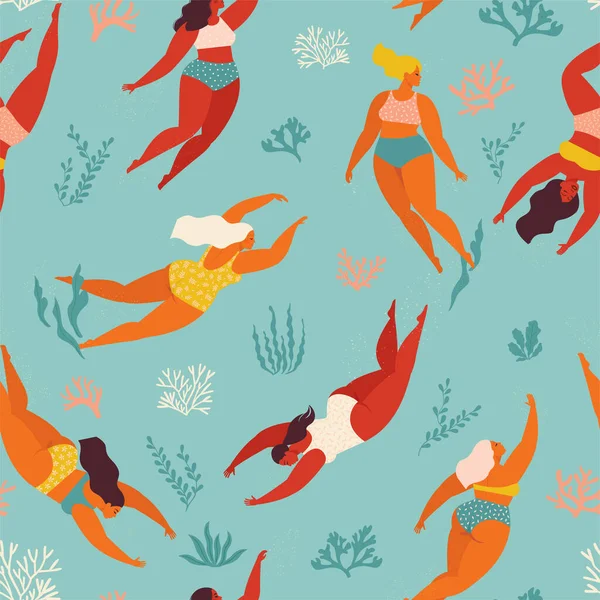 Fundo decorativo bonito com mulheres nadando e menina no mar ou no oceano. Padrão sem costura vetorial. Desenho de arte subaquática. Nadar e mergulhar no mar . — Vetor de Stock