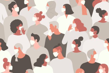 Çin 'de Coronavirus. Roman Coronavirus 2019 ncov, beyaz tıbbi maske takan insanlar. Koronavirüs karantina vektör çizimi kavramı. Kusursuz desen