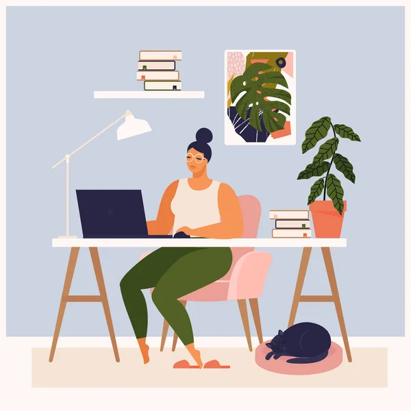 Woman working at her desk at home. She has a lot of work. Woman working with laptop at her work desk and testing ui and ux. Vector illustration of student studying at home. — Stock Vector