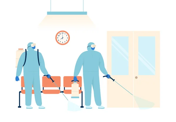 穿着特殊防护服和医疗面罩的工作人员喷洒消毒剂，以防止新型的科沃D-19型病毒在医院的传播。矢量说明. — 图库矢量图片
