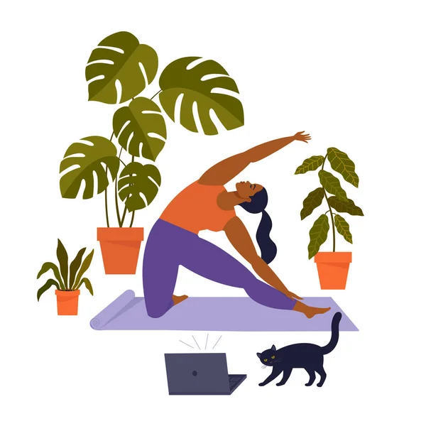 Esercizio sportivo a casa. Donna che fa allenamento in casa. Yoga e fitness, stile di vita sano. Illustrazione vettoriale piatto . — Vettoriale Stock