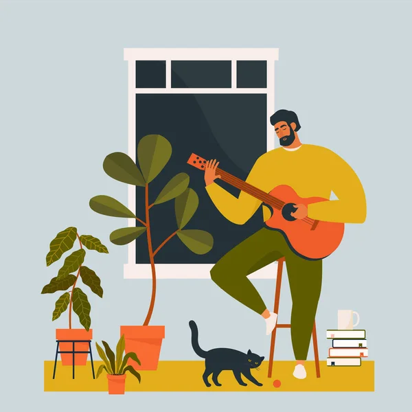 Young Man Playing Guitar Home Guitarist Musician Sitting Quarantine Alone — Stock Vector