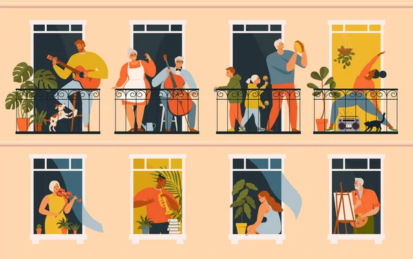 The concept of social isolation during the coronavirus pandemic. People playing musical instruments, cello, guitar, trumpet, buden, violin and doing yoga on balconies. Stay home quarantine. — Stock Vector