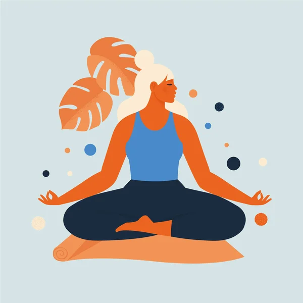 Mujer meditando en la naturaleza y se va. Ilustración conceptual para yoga, meditación, relax, recreación, estilo de vida saludable. Ilustración vectorial en estilo plano de dibujos animados — Archivo Imágenes Vectoriales