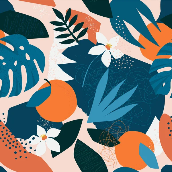 Collage hedendaagse bloemen naadloos patroon. Moderne exotische jungle vruchten en planten illustratie in vector — Stockvector