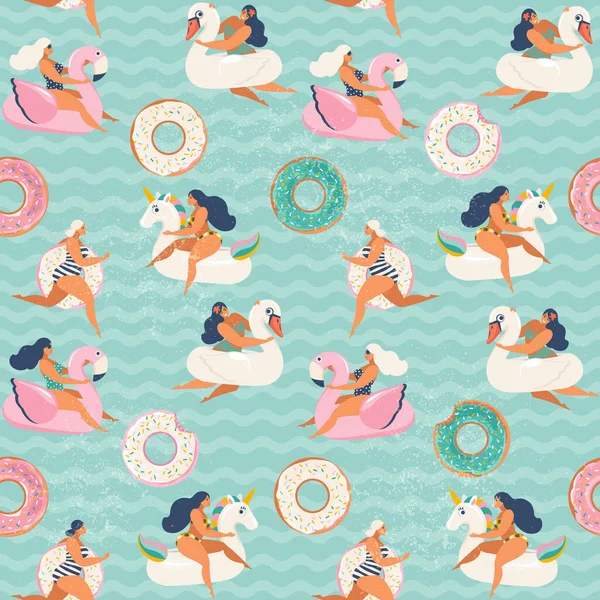 Flamingo, unicorn, swan and sweet donut inflatable swimming pool floats. Vector seamless pattern. — Stock Vector