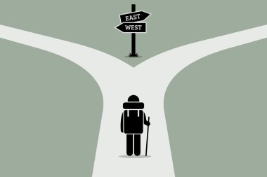 Explorer ulaşan bir bölünmüş yol nereye sonraki gitmek için karar çalışıyorum. Yol işareti gösteren farklı yöne doğru.
