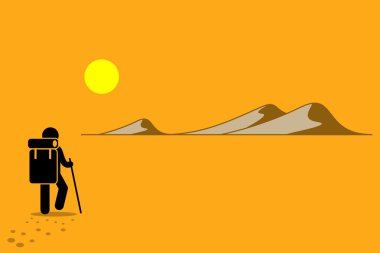 Person with backpack and stick walking in the desert under the hot sun searching for adventure. clipart